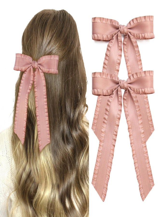 Gili 2PCS Hair Bows for Women Girls, Dusty Pink Bow for Hair Slides Metal Clips Cute Ruffled Edge Satin Ribbon Accessories for Toddlers Teens Kids - Image 1